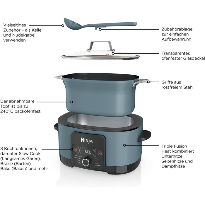 Ninja Foodi PossibleCooker (8 л), Цифрова мультиварка та повільноварка 8-в-1 з каструлею, вставкою для пароварки, ложкою та скляною кришкою, Мультиварка, приготування на парі, смаження, випікання, 8 порцій