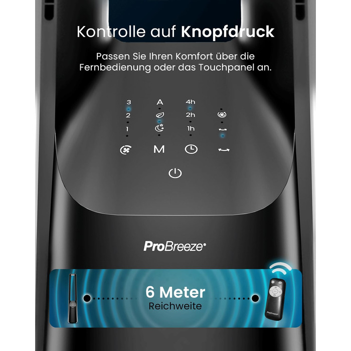 Pro Breeze Вентилятор без лопатей 101 см з LED дисплеєм та пультом - вежа, 6 швидкостей, 5 режимів, автоколивання 60°, таймер 7 годин, Smart App, чорний
