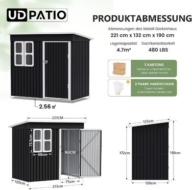 Металевий садовий будинок UDPATIO 222x132x190 см з вікном, дверима з замком та вентиляцією, гараж для велосипедів з похилим дахом, сарай для інструментів, водонепроникний, темно-сірий