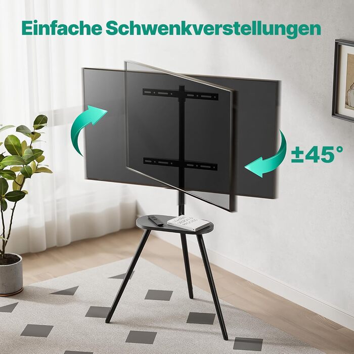 Підставка для телевізора 43-65 дюймів (LCD, LED, OLED) до 35 кг, регульована по висоті та поворотна, дерев'яна, з підносом, VESA 400x400 мм, чорний кований метал
