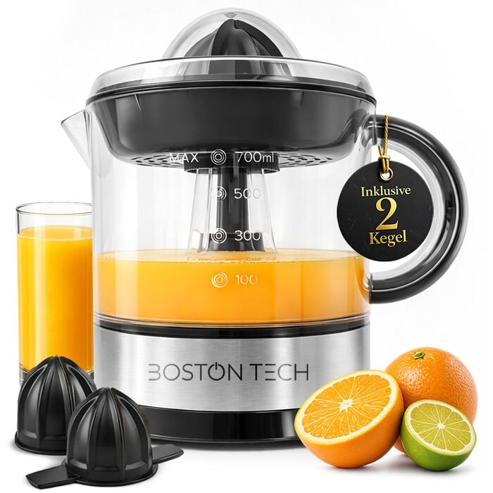 Електрична цитрусовижималка Boston Tech MasterJuicer 700 мл з нержавіючої сталі - 40W, подвійна конусна система, без BPA, висока продуктивність