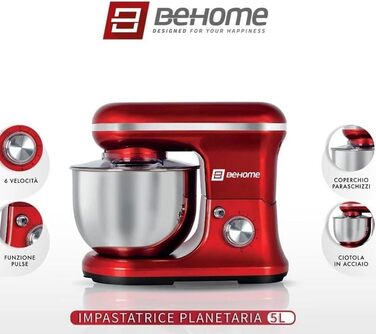 Кухонний комбайн-тістоміс BEHOME 5л 1200Вт, планетарний міксер з 6 швидкостями, пульс-функцією та чашею з нержавіючої сталі, червоний