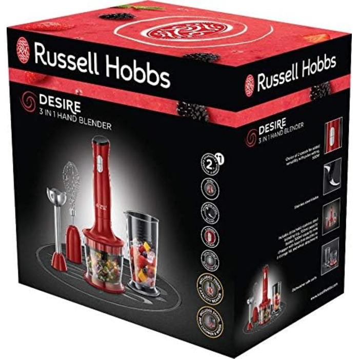 Блендер Russell Hobbs Desire 3-в-1, червоний, занурювальний, подрібнювач, вінчик, BPA-вільний, для смузі, супів, соусів, дитячого харчування, 24700-56