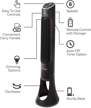 Вентилятор Honeywell QuietSet Tower HYF290, 8 швидкостей, 80° осциляція, таймер, дистанційне керування, димування