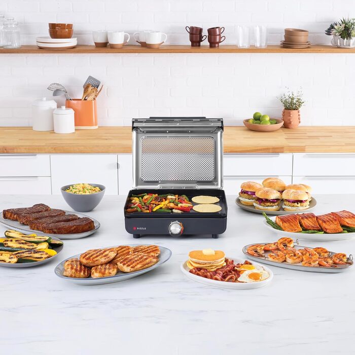 Електрогриль Ninja Sizzle Indoor з антипригарною пластиною, знімною кришкою, лотком для жиру, температурним регулятором та рецептурником, сірий GR101EU