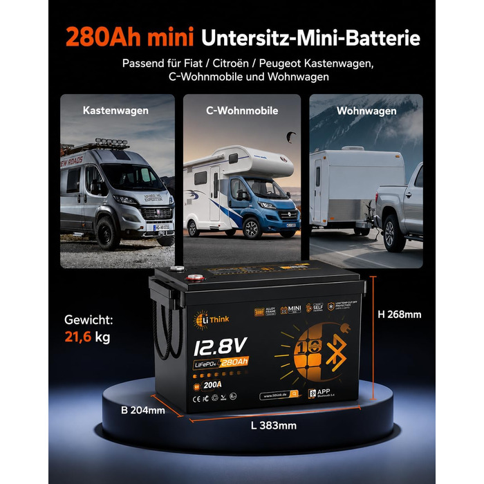 LiFePO4 акумулятор 12V 100Ah H190 ECE R10 з Bluetooth 5.4 для кемперів та будинків на колесах (12V 280Ah MINI)