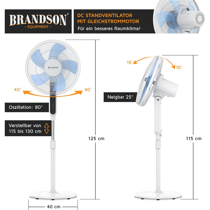 Підлоговий вентилятор Brandson ECO з безщітковим двигуном, тихий, енергозберігаючий, 12 швидкостей, LED дисплей, таймер, дистанційне керування, 80° осциляція, переможець 2024 року