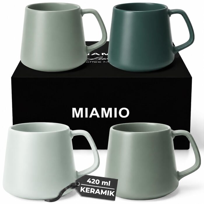 Набір керамічних чашок для кави та чаю MIAMIO Luxe Collection (4 шт, 420 мл) — великі чашки для капучино та еспресо, підходять для мікрохвильової печі та посудомийки, колір Evergreen