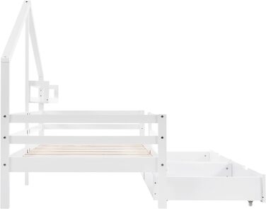 Ліжко дитяче Merax 90x200 з бортиками, ящиками та полицею, біле. Дерев'яне ліжко-будиночок для дітей.