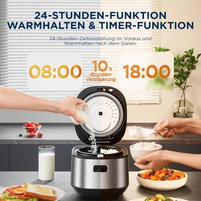 Мультиварка Midea Reiskocher 5 л: рис, суп, тушкування, повільне приготування, 11 програм, таймер, аксесуари, чорний/срібний