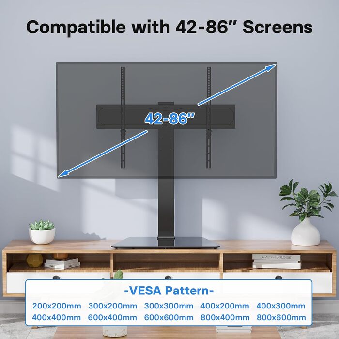 Поворотна підставка для телевізора BONTEC 42-86" з регулюванням висоти, для LCD/LED/OLED, плоских і вигнутих, із загартованого скла, макс. навантаження 50 кг, VESA 800x600