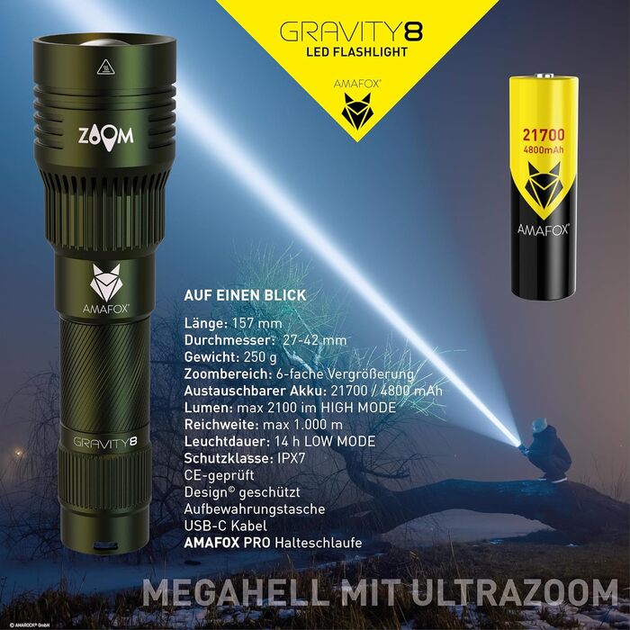 Ліхтарик AMAFOX G8-2100 люмен XENON Megabeam, LED, акумулятор 21700 mAh, військовий зелений, надяскравий, USB-C зарядка