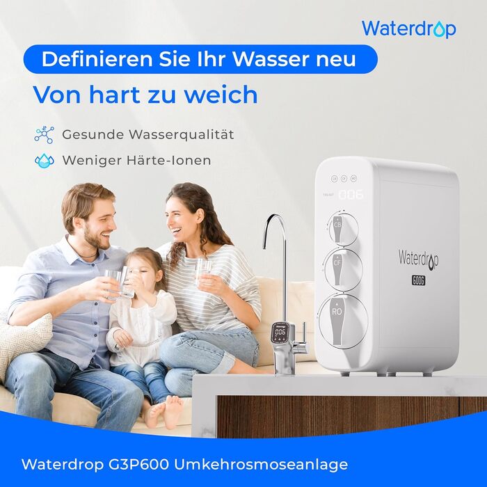 Система фільтрації води зворотного осмосу Waterdrop G2P600, 8000 літрів, очищення 2:1, без баку, пом'якшувач води RO під мийку