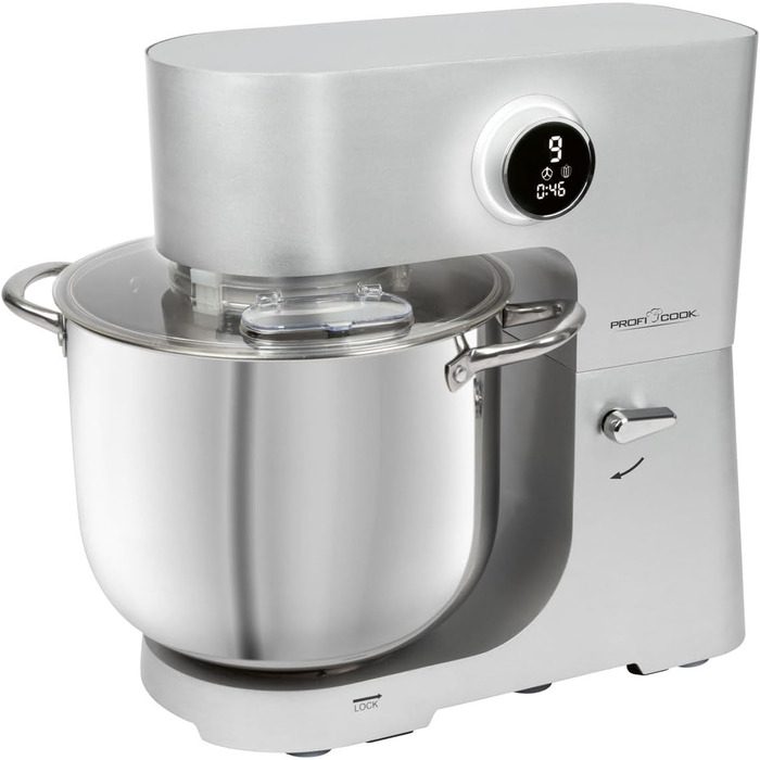Кухонний комбайн ProfiCook з чашею з нержавіючої сталі Міксер XXXL 10 л з двигуном 1500 Вт Гак і віночок Тістоміс Бризковик з заливним отвором PC-KM 1096 (12 літрів з нержавіючої сталі)