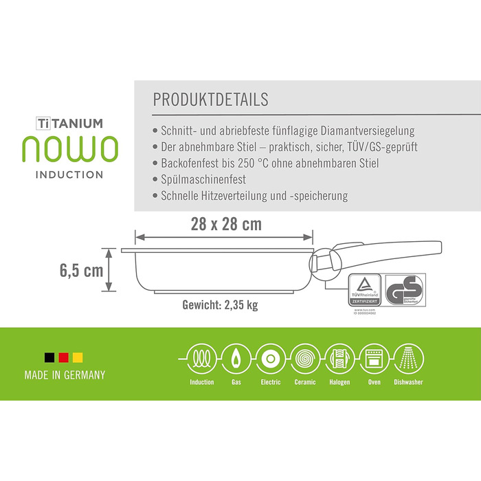 Сковорода квадратна Woll Nowo Titanium 28x28 см, антипригарна, знімна ручка, індукційна, для всіх плит