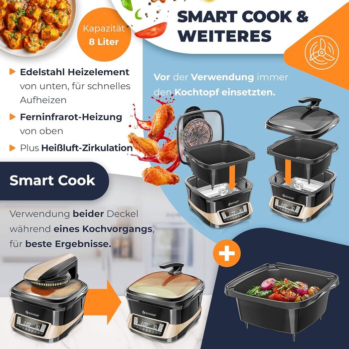 Мультиварка KESSER® 8 л з фритюрницею, 16 програм, для приготування на грилі, випікання, тушкування, варіння на пару, функція підігріву та приготування рису, повільне приготування, йогурт (Champagne)
