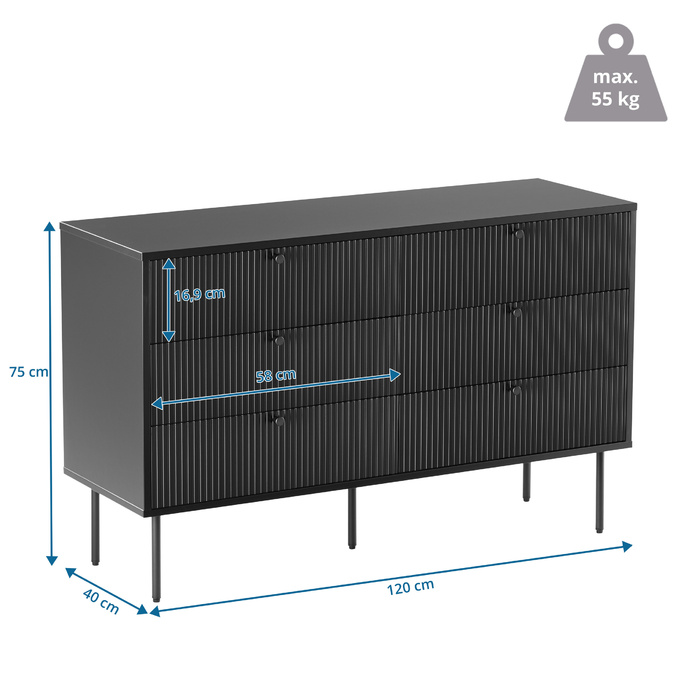 Тумба під TV/білизна KARBY S 120x40x75 см, 6 висувних ящиків, чорний колір, hjh LIVING