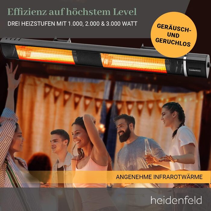 Інфрачервоний обігрівач Heidenfeld IH110, 3000 Вт, з пультом, 3 режими, для тераси, настінний та стельовий монтаж, чорний, 3 роки гарантії