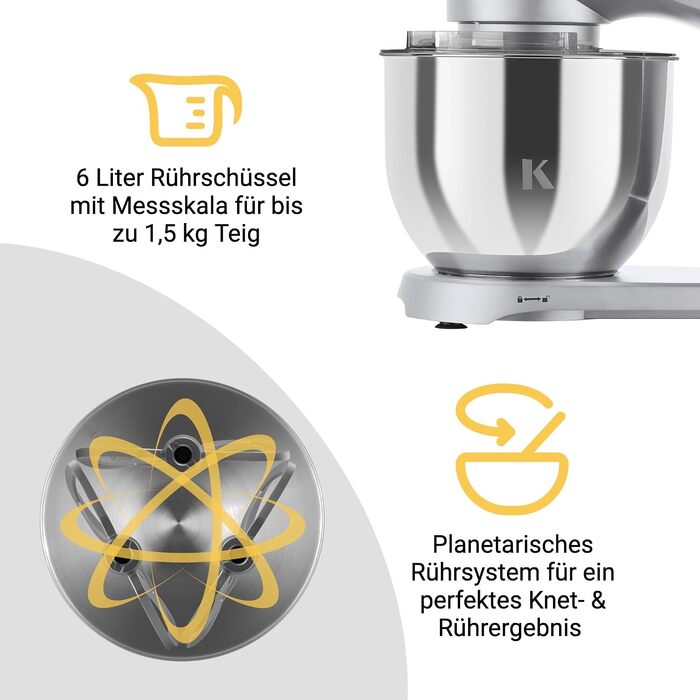 Кухонний комбайн KLAMER 1800W — планетарний міксер для тіста з чашею з нержавіючої сталі 6л, 10 швидкостей, таймером та набором насадок (гак, вінчик, міксер), сріблястий