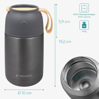 Термос для їжі Navaris 650 мл, нержавіюча сталь, ізольований контейнер для супу, страв, дитячого пюре, герметичний, сірий