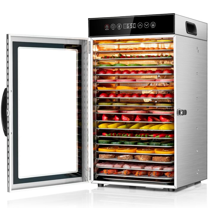 Сушарка для продуктів Kwasyo Edelstahl 750W з 18 рівнями, цифровим таймером, регулюванням температури та захистом від перегріву. Професійна дегідратор для фруктів, овочів, м'яса