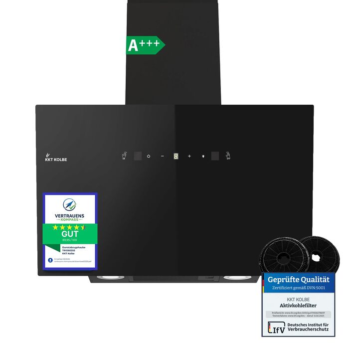Витяжка кухонна KKT KOLBE TRIO8025S 80 см, чорне скло, продуктивність 782 м³/год, керування жестами та SensorTouch, LED-підсвітка, режим рециркуляції та відведення