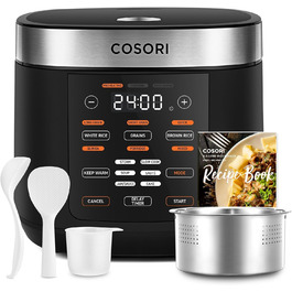 Мультиварка-рисоварка COSORI 5 л з 17 програмами, Fuzzy Logic, пароварка з нержавіючою вставкою, книга рецептів, функція повільного приготування, преміальний внутрішній казан, підтримка тепла, таймер, чорна