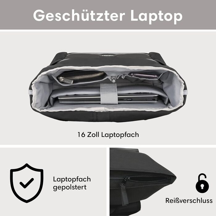 Жіночий рюкзак LARKSON Rolltop чорний, водовідштовхувальний, антивандальний, з відділенням для 16'' ноутбука, рефлективний, для школи, університету, велосипеда, робочий, екологічний