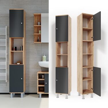 Високий шафа для ванної Vicco Fynn, антрацит/золотий дуб, 30x190 см