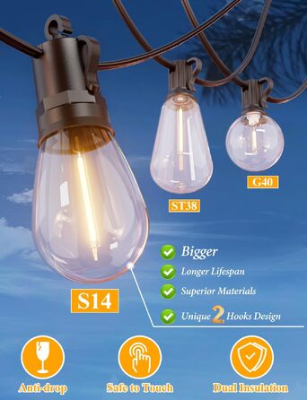 Гірлянда світлодіодна Brightever для вулиці 1.8м, 17 ламп Edison S14 (1 запасна), водонепроникна, для тераси, саду, двору
