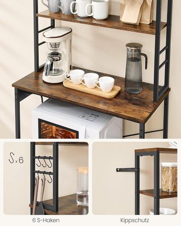 Стелаж кухонний VASAGLE з розетками, 6 полиць, гачки, сталевий каркас, 40 x 80 x 167 см, вінтажний коричневий + чорний, KKS119K06 80B cm