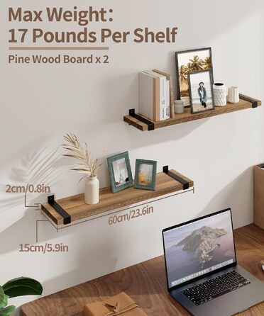 Полиця настінна Gronda Holz 3 шт. коричнева 60x15x2 см – без свердління для кухні, ванної, вітальні, книжок, в стилі вінтаж