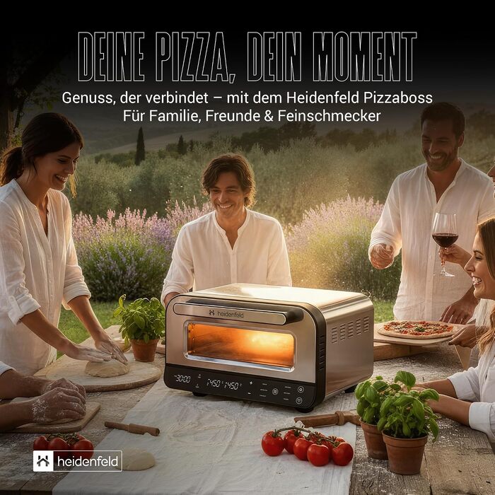 Електрична піч для піци Heidenfeld Pizzaboss, 1850 Вт, до 450°C, повний набір, сріблясто-чорний