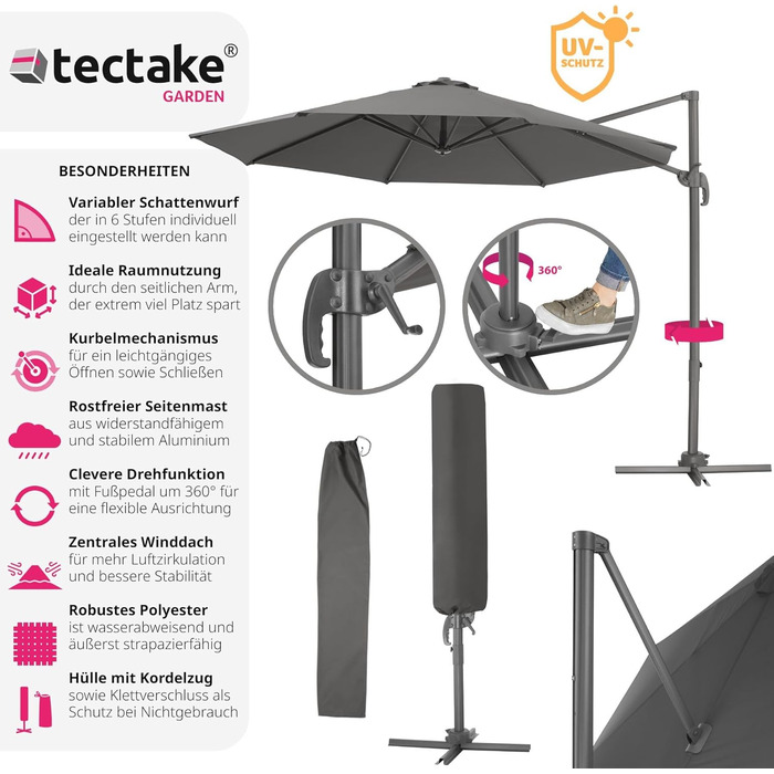 tectake® Парасолька-амбрела для саду та тераси, 300 см, з чохлом, регулюванням висоти, складана, з педаллю та ручкою, UV 50+, сіра