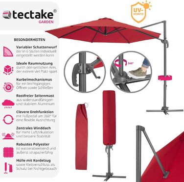 Парасолька-амбрела tectake® 300 см з чохлом, регульована висота, складана, з педаллю та ручкою, UV-захист 50+, для саду, тераси або балкона, бордова