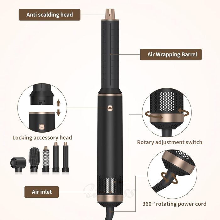 Airstyler 5 в 1 з насадкою для випрямлення, завивки та сушіння волосся 1000 Вт, чорний