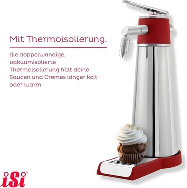 iSi Thermo XPress Whip PLUS 1 л — професійний сифоновий збивач вершків із термоізоляцією для гарячих і холодних соусів та вершків, нержавіюча сталь, підходить для посудомийної машини, сріблястий/червоний, з щіточкою для чистки