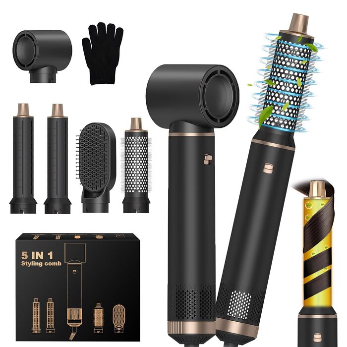 Hairstyler 5 в 1: Професійний набір для укладки волосся з автозавитками, феном, йонною щіткою, випрямлячем та щіткою для об'єму. Для всіх типів волосся.