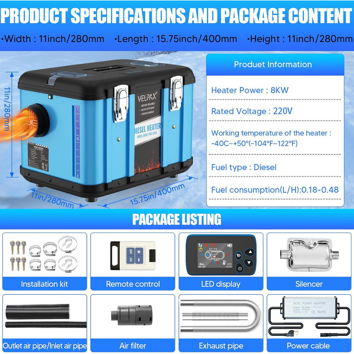 Автономний дизельний обігрівач VELPAX All in One 8кВт, 12V/24V/220V з Bluetooth, LCD-дисплеєм та пультом керування для кемпера, автобудинку та причепа