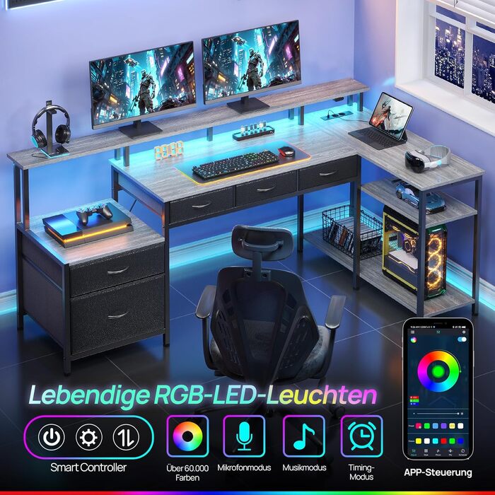 Кутовий комп'ютерний стіл L-подібної форми Seventable з розеткою, LED підсвіткою, підставкою для монітора та шухлядами (сірий)