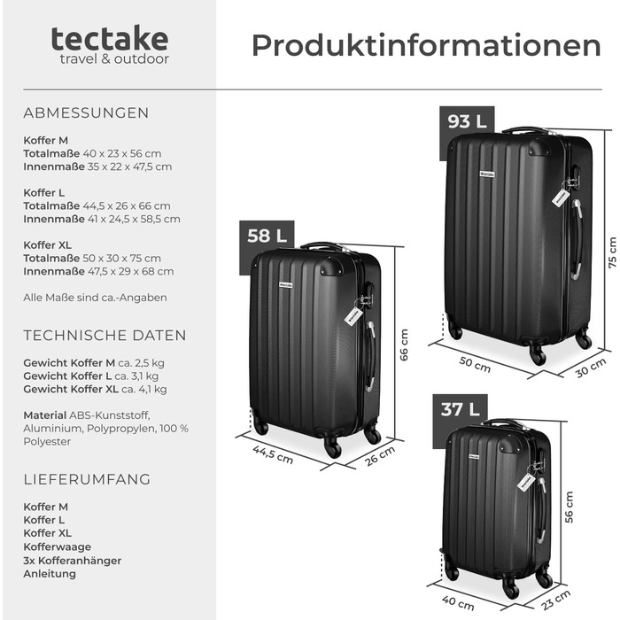 Набір валіз Tectake 3 шт. з ваговою та ідентифікатором, M-L-XL, ABS, чорний