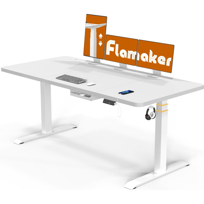 Електричний регульований стіл Flamaker 140x70 см, телескопічна висота 74-133 см, з пам’яттю, USB-портом, роликами, гачком, бежево-білий
