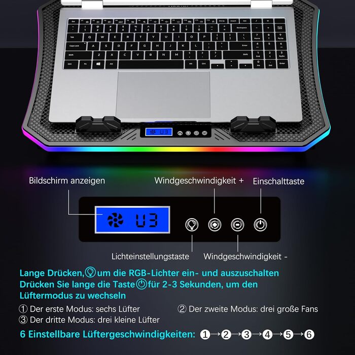 Охолоджувач для ноутбука RGB Gaming — підставка з вентиляторами для ігрового ноутбука, для столу та колін