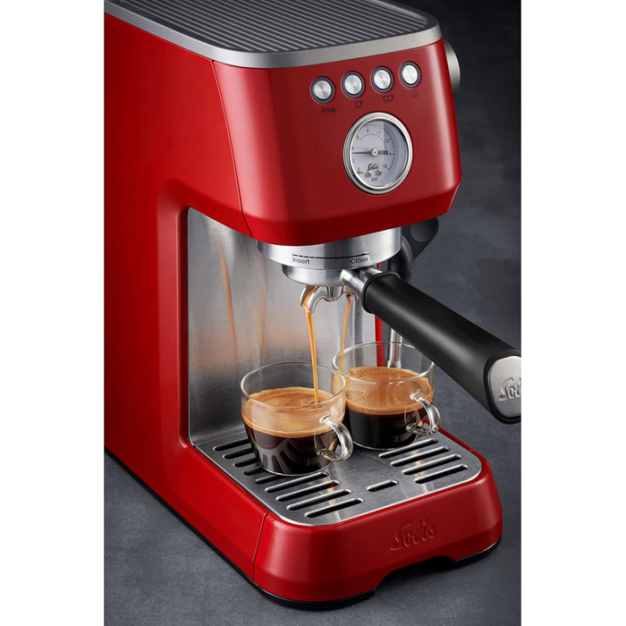 Еспресо-машина Solis Barista Perfetta Plus 1170, професійна ріжкова кавоварка з манометром, паровою та гарячоводною насадкою, температурним регулятором, 54 мм холдером, подвійним носиком, червона