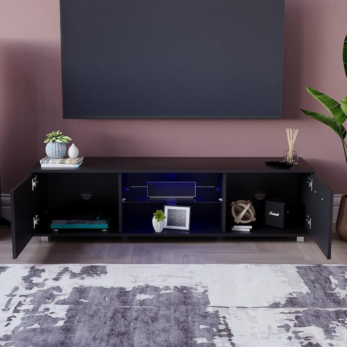Тумба під телевізор Vida Designs Cosmo, чорна, 140 см, LED підсвітка, ДСП