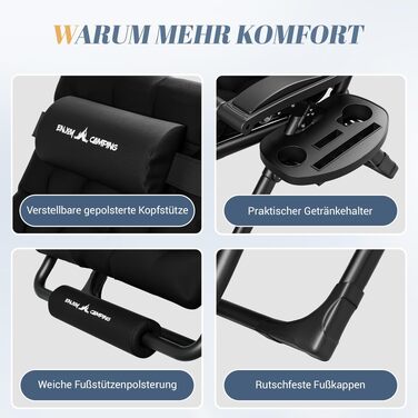 Набір шезлонгів UDPATIO (2 шт) — складаний садовий стілець-ліжка XX-Large з підстаканником та м'якими подушками, регульована спинка, чорний