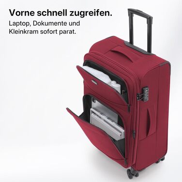 Валіза Münicase XL (79 см) з тканини, розширювана (+15% об'єму), з передніми кишенями, TSA-замком та подвійними колесами 360°, винно-червона