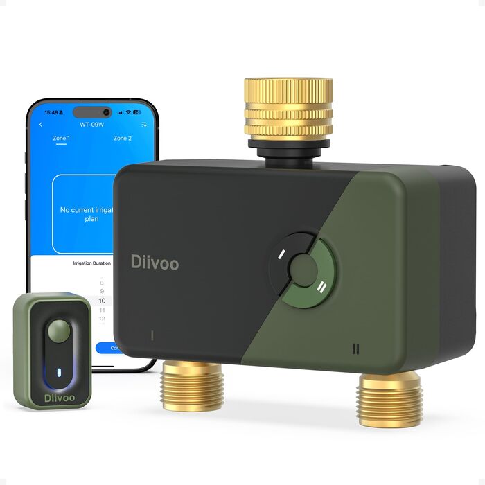 Таймер поливу Diivoo WLAN з 2 виходами, латунні з'єднання, 12 програм, сумісний з APP/Alexa/Google, датчик дощу для газону, саду, балкону