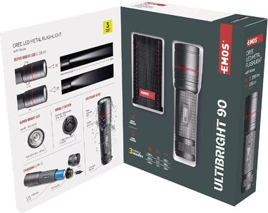 EMOS акумуляторний металевий ліхтарик CREE LED, 3 режими, фокус, водонепроникний, ударостійкий, 1200 люмен, до 280 м, стрічка і чохол, для дому та вулиці, сірий