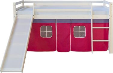 Дитяче ліжко Homestyle4u 90x200 см, біле, з гіркою та рожевим шторкою, дерев'яне ліжко-горище з сосни для дитячої кімнати